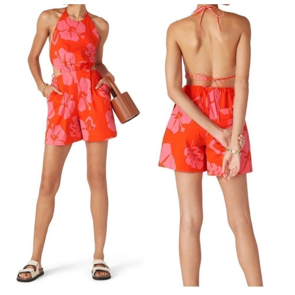 Staud Women's Size 8 Red Floral Georgia Backless Romper Shorts